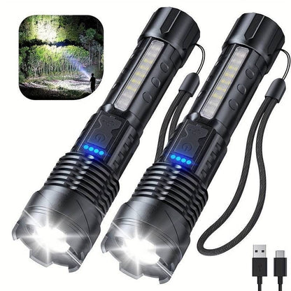 US Local Rechargeable LED Flashlight Zoomable Tactical Torch Police Super Bright Work Light Lamp Red White Blue 3 Light USB Charging