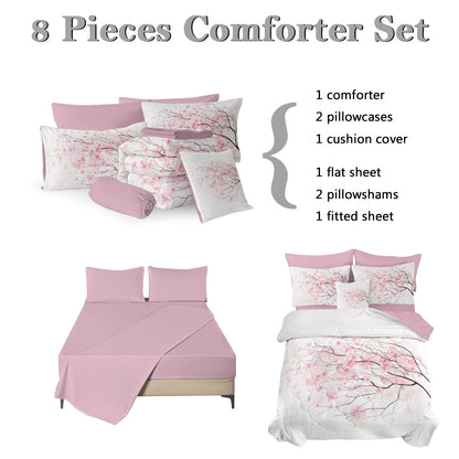 US Local Cherry Blossom Pattern Comforter Set 8PCS Twin Size Soft Bedding Set,1 Comforter,1 Pilow Cover,1 Flat Sheet,1 Fitted Sheet,4 Cushion Cover