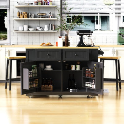 US Local Large Kitchen Island With 2 Bar Stools, Power Outlet, Door Internal Storage Rack, Kitchen Storage Cart On 5 Wheels With Drop Leaf, 5 Open Side Racks, 2 Drawers,for Kitchen,Dining Room