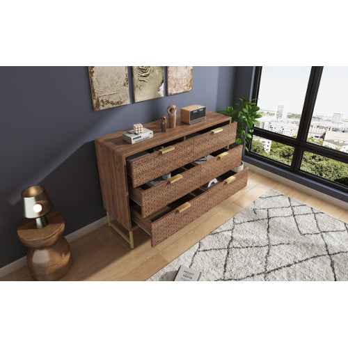 UK Local Embossed Design Sideboard Cabinet Dresser With 6 Drawers, Anti-tip, Sideboard For Living Room, Hallway, Bedroom, And Children's Room, 120 X 40 X 75 Cm, Walnut