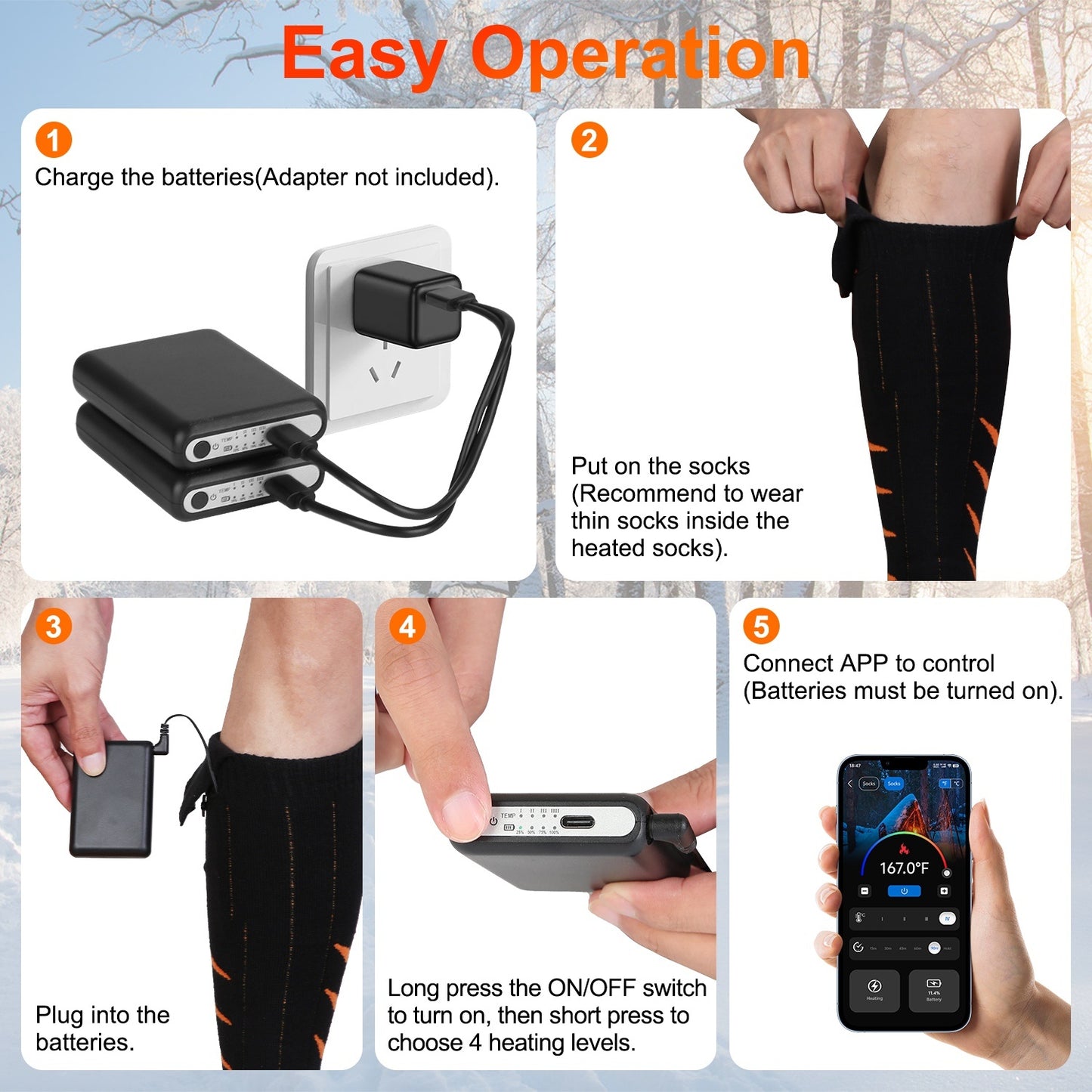 US Local 2 Types Options -- 1 Pair Of Heated Socks For Men Women Electric Heating Socks With APP Control 5000mAh Battery Rechargeable Thermal Socks Winter Warm Socks For Skiing Hiking Camping Hunting