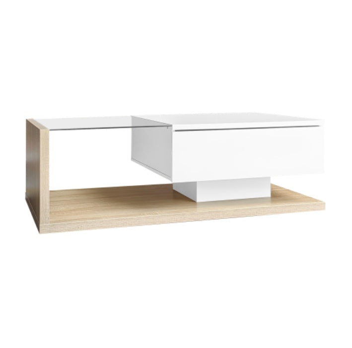 UK Local Coffee Table In High Gloss White And Wood Color Combination. Side Tables, Coffee Tables With Glass And LED