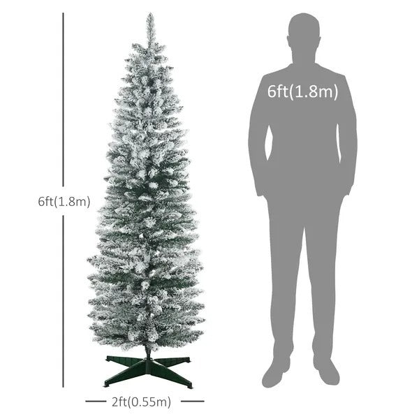 CA Local 6 ft Tall Pencil Artificial Christmas Tree, Holiday Decor With Snow Flocked Branches, Green