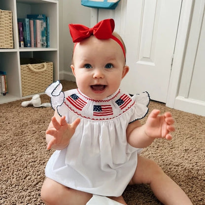 US Local Baby Girl 4th Of July Bubble Romper, Smocked Fly Sleeve Bodysuit With American Flag Embroidery