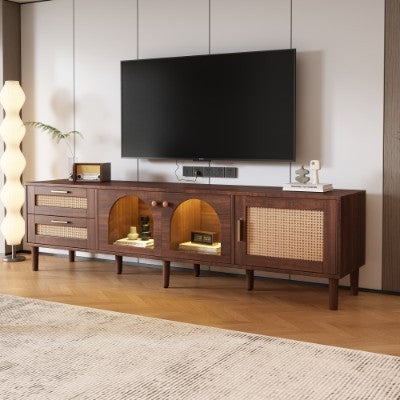 UK Local 180 Cm Brown TV Cabinet For 80-inch TV - With 2 Rattan Drawers, 2 Curved Glass Doors And 1 Rattan Door, LED Lighting, Offers Stylish Storage, TV Board