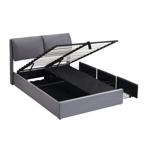 UK Local Upholstered Bed,Double Bed-4ft6  135x190cm  Hydraulic Bed, Three Drawers, Bed Box For Storage, Slatted Frame With Headboard, Without Mattress, Velvet, Grey
