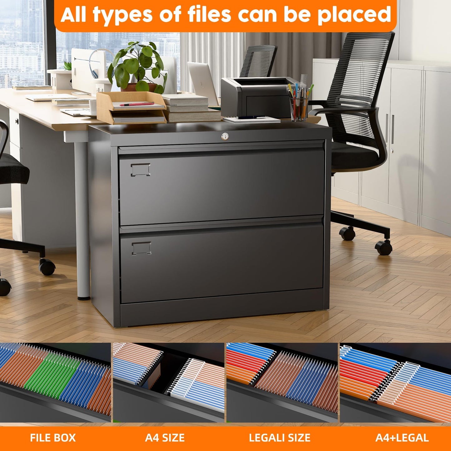 US Local Metal Lateral Filing Cabinet With 2 Drawers For Home Office, Locking Steel Wide File Storage Cabinet For Hanging Legal,Letter A4 Size, Assembly Required, Black