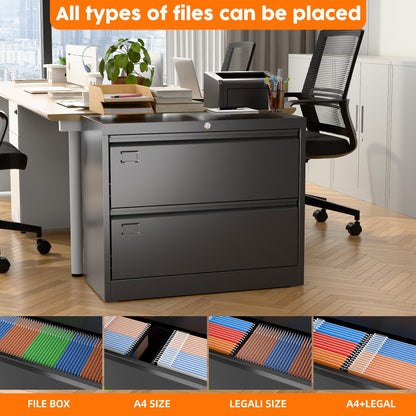 US Local Metal Lateral Filing Cabinet With 2 Drawers For Home Office, Locking Steel Wide File Storage Cabinet For Hanging Legal,Letter A4 Size, Assembly Required, Black