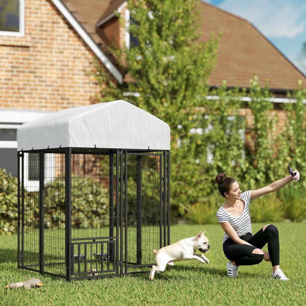US Local Welded Wire Outdoor Dog Kennel With 360 Rotating & 4 Levels Adjustable Bowls, Waterproof Cover, 3.9 X 3.9 X 6