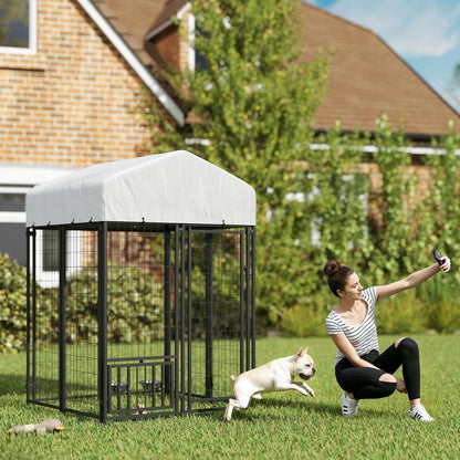US Local Welded Wire Outdoor Dog Kennel With 360 Rotating & 4 Levels Adjustable Bowls, Waterproof Cover, 3.9 X 3.9 X 6