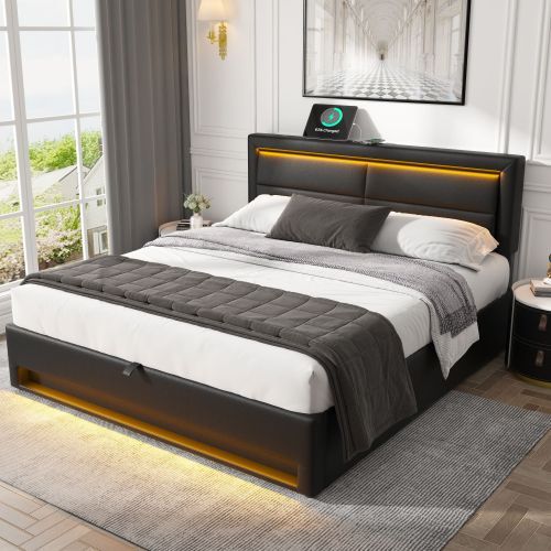 UK Local Upholstered Bed 135 X 190 Cm,Double Bed-4ft6,with USB Port  Supports Wireless And Wired Charging, With LED Lighting And Storage Space, Without Mattress, PU-Lychee Design, Black