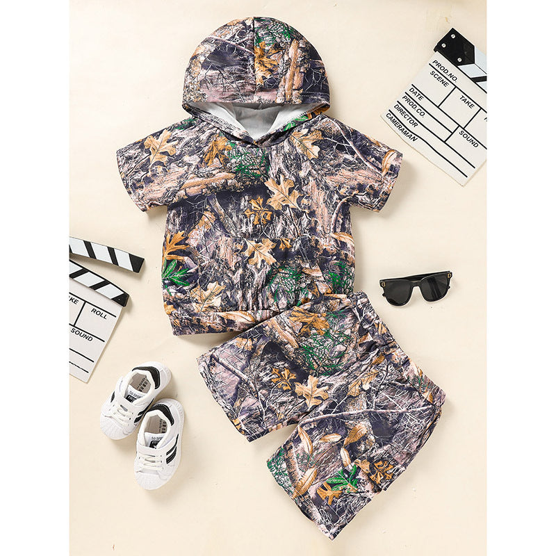 US Local Toddler Baby Boy Outfits Little Boys Short Sleeve Camouflage Print Hoodie Sweatshirt Shirts & Short Pants With Pocket
