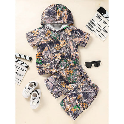US Local Toddler Baby Boy Outfits Little Boys Short Sleeve Camouflage Print Hoodie Sweatshirt Shirts & Short Pants With Pocket