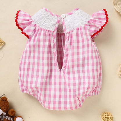 US Local Newborn Baby Girls' Valentine's Day Smocked Romper Ruffle Sleeve Plaid Heart Embroidery Jumpsuit Casual Cute Romper