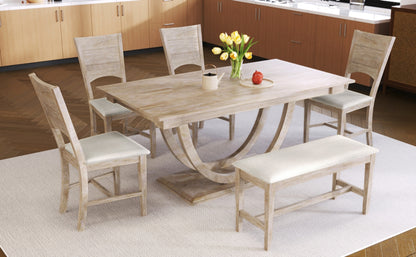 US Local TOPMAX 6-Piece Wood Half Round Dining Table Set With Long Bench & 4 Chairs