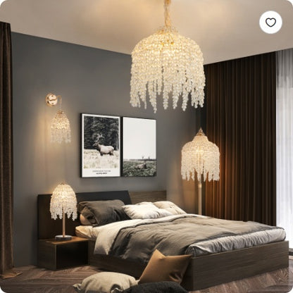 US Local 19  Elegant Crystal Table Lamp   Vintage Waterfall Design With Teardrop Grape Crystal Bead String Shades And Marble Textured Base For Living Room, Bedroom, Or Office  Bulb Not Included