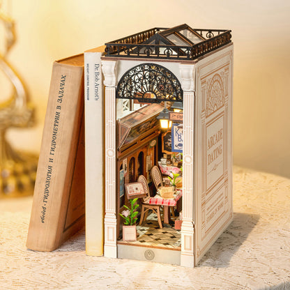 US Local ROBOTIME DIY Book Nook Kit - Arcade Dating Scene With Dust Cover, 3D Wooden Miniature Dollhouse Puzzle, Creative Bookend Bookshelf Decor, Unique Gift For Adults