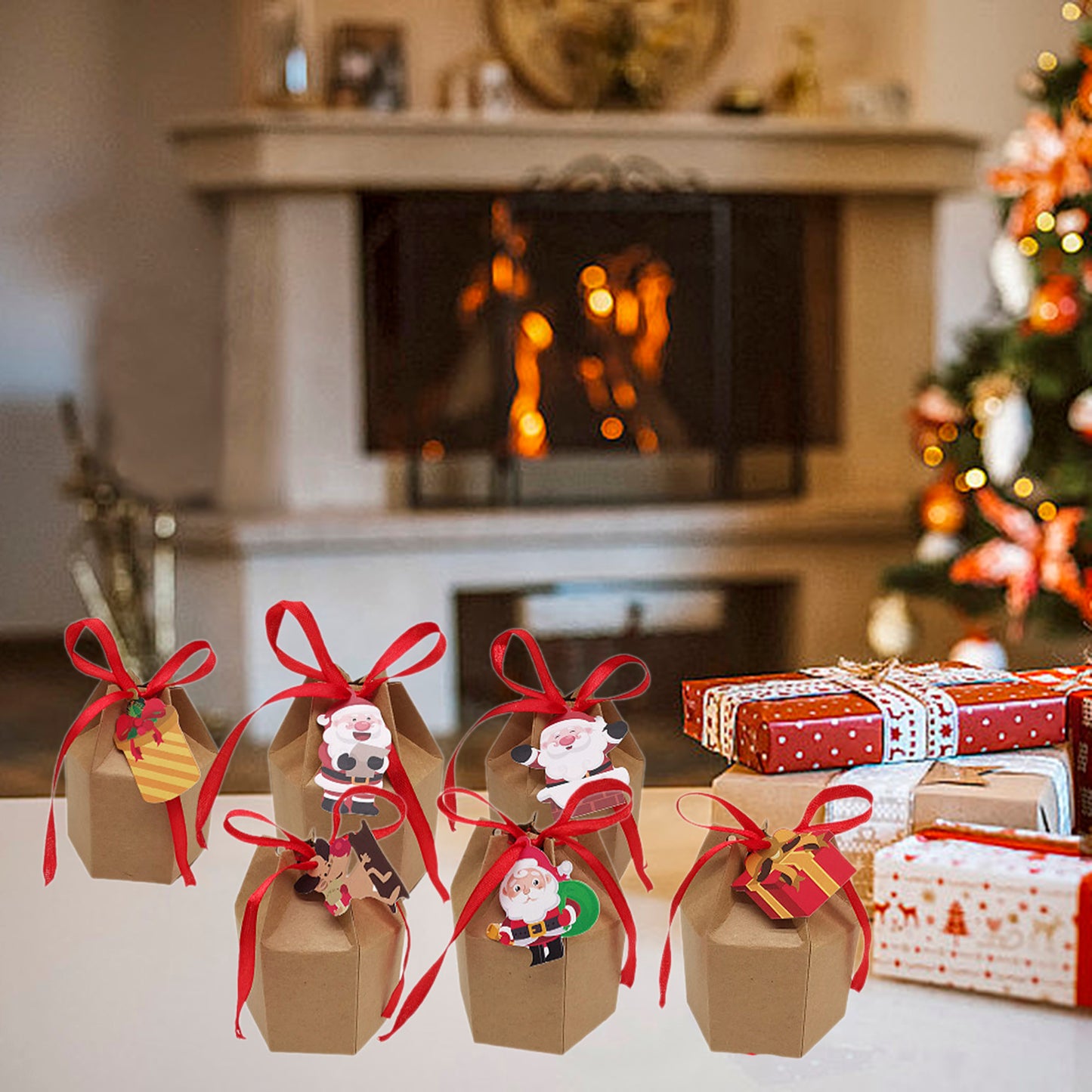 US Local 24 Pcs Christmas Treat Boxes With Cards And Ribbon Xmas Tree Santa Kraft Paper Cookies Candy Boxes Food Packaging Containers Gift Wrapping Box For Christmas Birthday Wedding Party Decoration