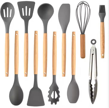 US Local Non-Stick Silicon 12 Pcs Heat Resistant Wooden Handle Kitchen Cooking Utensils Set, Gray Color