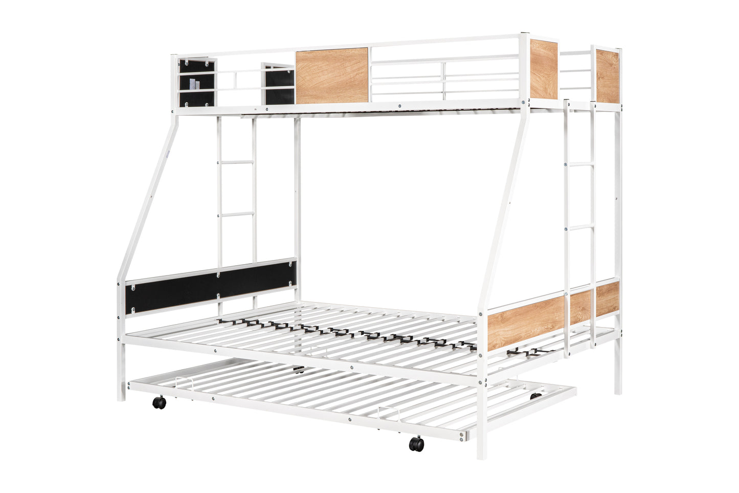 US Local Metal Double Bunk Bed With Rollers Heavy Duty Sturdy Metal Noise Reduction Safety Barrier Wood Trim
