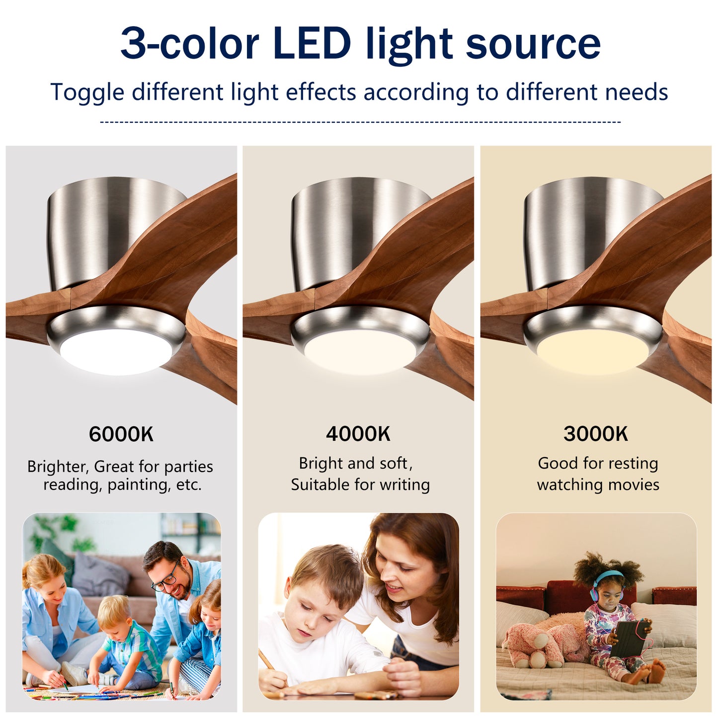 US Local 52 Inches Recessed Ceiling Fan Solid Wood Blade Ceiling Fan With Light Strip Remote Control, Noiseless Reversible Motor, 6 Speed, Suitable For Patio Living Room, Bedroom, Indoor, Nickel Color