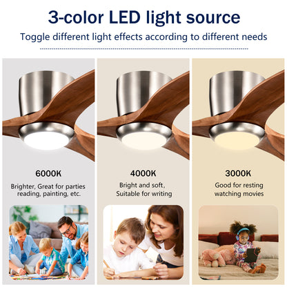 US Local 52 Inches Recessed Ceiling Fan Solid Wood Blade Ceiling Fan With Light Strip Remote Control, Noiseless Reversible Motor, 6 Speed, Suitable For Patio Living Room, Bedroom, Indoor, Nickel Color
