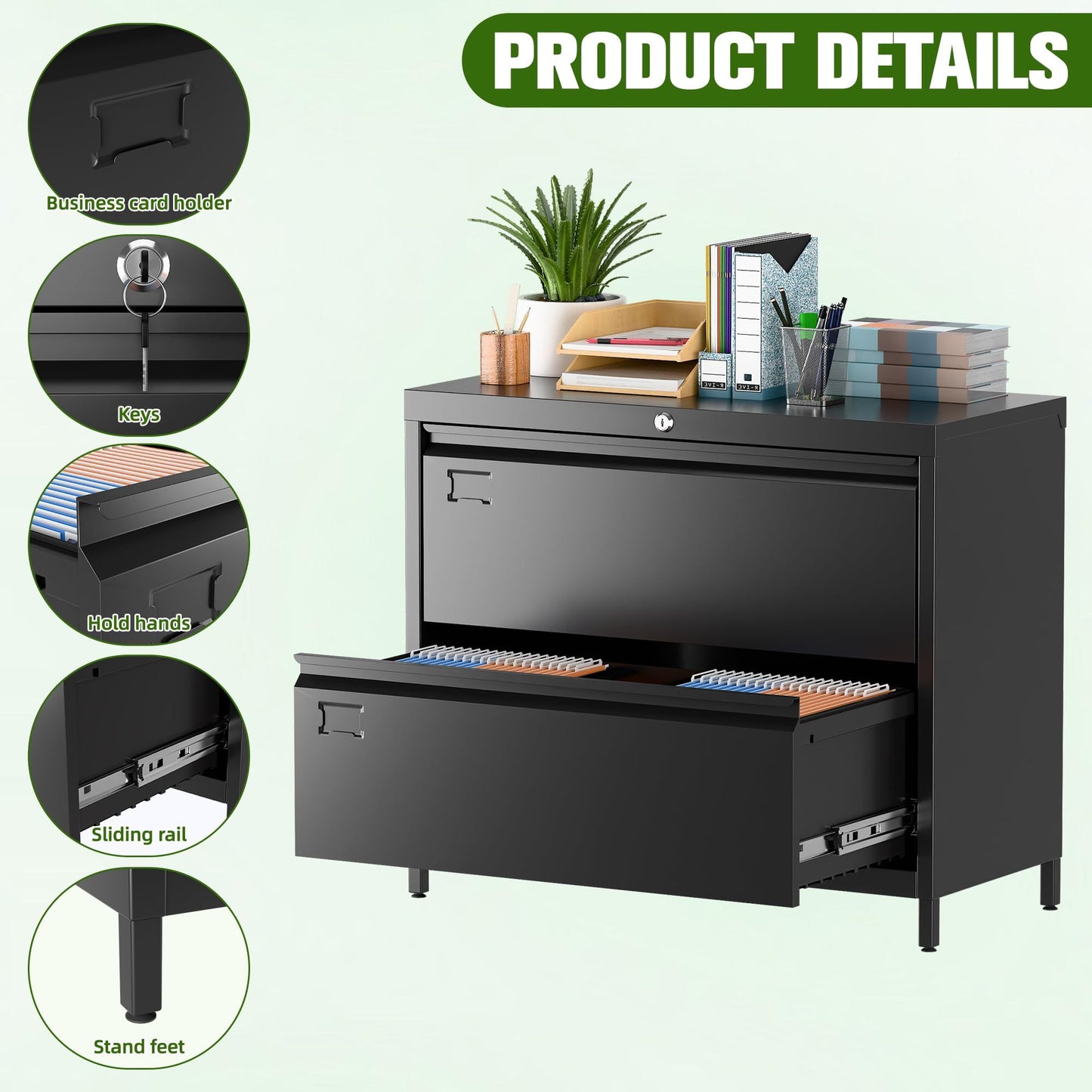 US Local Lateral File Cabinet With 2 Drawer,Metal Wide Filing Cabinet With Lock And Business Card Slot For Home Office School Hanging Letter,Legal,F4,A4 Size Folders,Required Assembly,Black