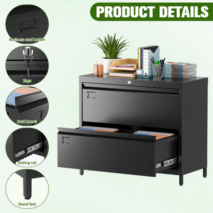 US Local Lateral File Cabinet With 2 Drawer,Metal Wide Filing Cabinet With Lock And Business Card Slot For Home Office School Hanging Letter,Legal,F4,A4 Size Folders,Required Assembly,Black