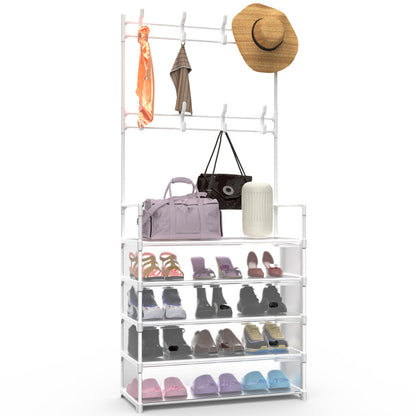 US Local 1Pc 5Tier Dustproof Entryway Hall Tree Coat Rack Shoe Rack With 8 Removable Hooks Freestanding Shoe Storage Shelf Hat Clothes Organizer For Front Door Bedroom Entryway