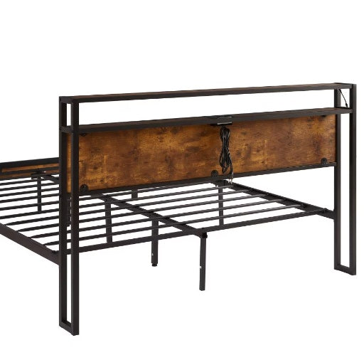 US Local Full Size Metal Platform Bed Frame With Wooden Headboard And Footboard With USB LINER