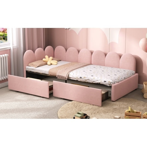 UK Local 3ft Single Daybed With Two Storage Drawers, Modern Youth Bed Frame With Wooden Slats, Velvet Sofa Bed For Living Room Bedroom Study Room, 90X190cm, Easy Assembly, Cream White