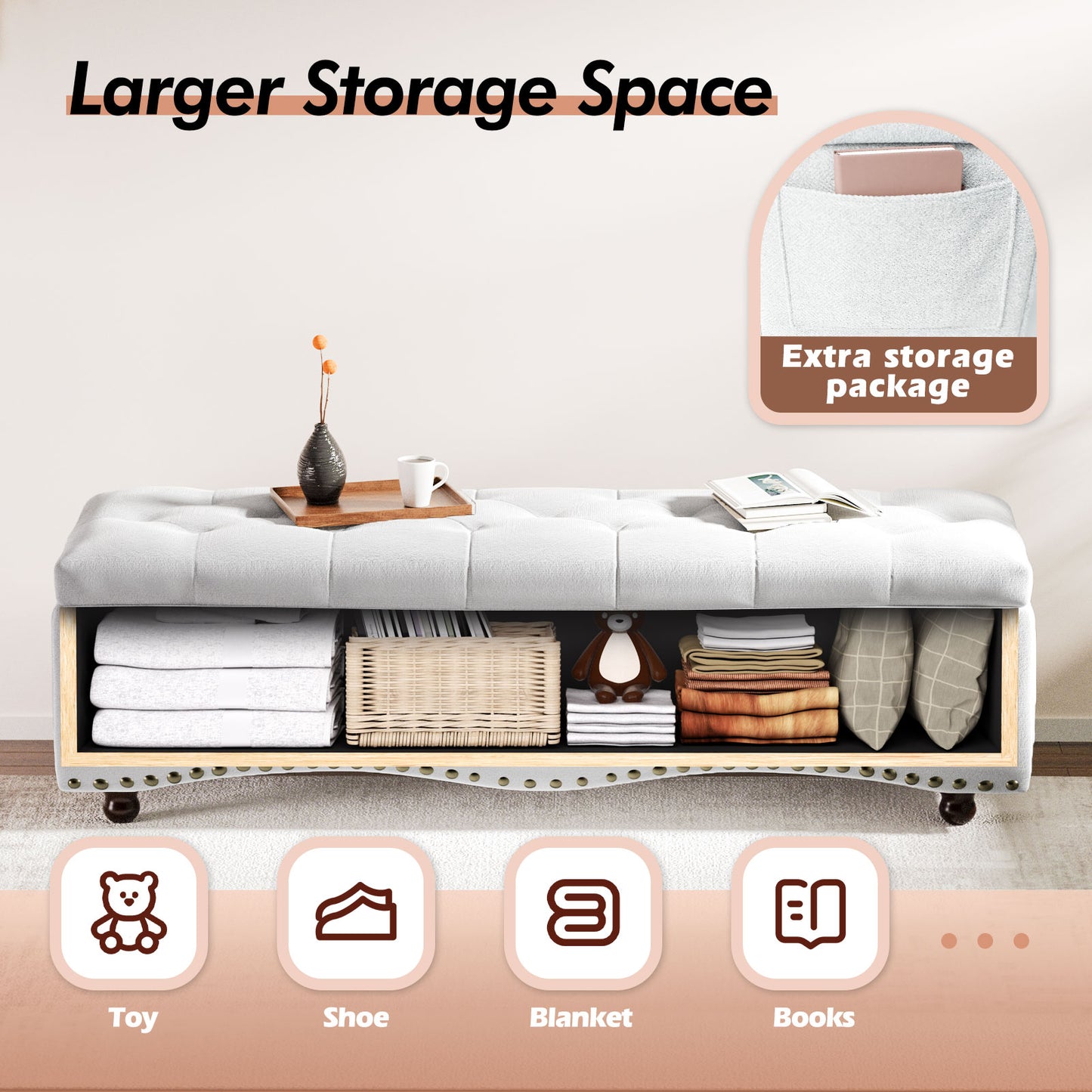 US Local Linen Upholstered Storage Bench