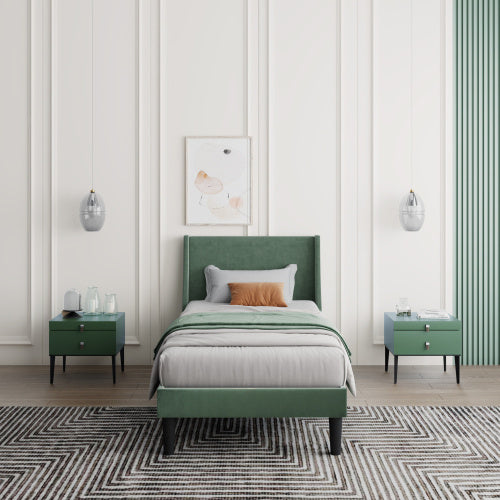 UK Local Single Bed Velvet Dark Green 3FT Upholstered Bed With Winged Headboard, Wood Slat Support