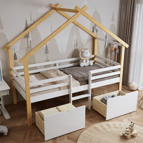 UK Local Wooden Bed, Children S Bed, 3ft Single Bed 90x190cm, MDF  Pinewood  Plywood, Safety Guardrail, Two Storage Drawers With Wheels,Roof Shape, White  Natural