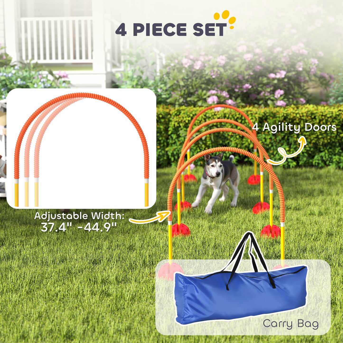 US Local 4 Piece Dog Agility Equipment W 4 Adjustable Width Doors, Carry Bag, Easy Assemble & Portable, Orange