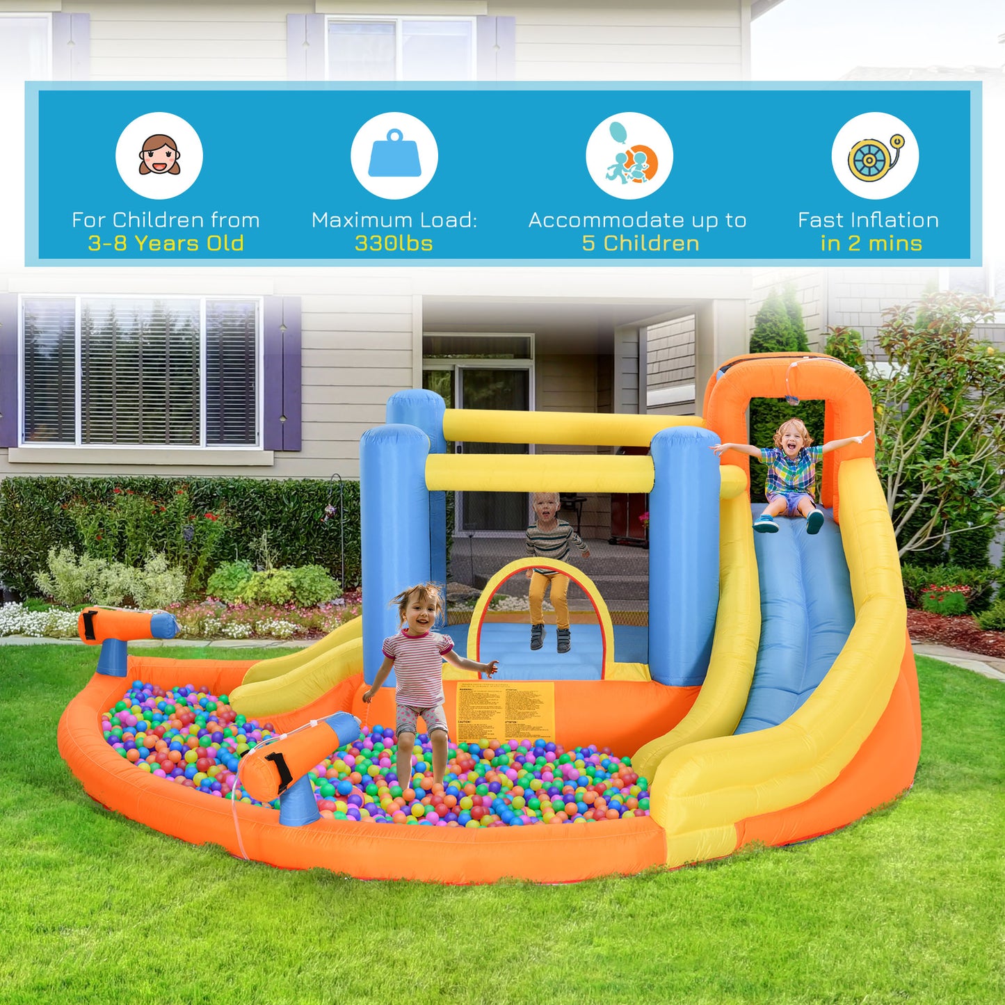 US Local Kids Inflatable Water Slide 5-in-1 Bounce House Water Park Jumping Castle With Water Pool, Slide, Climbing Walls & 450W Air Blower