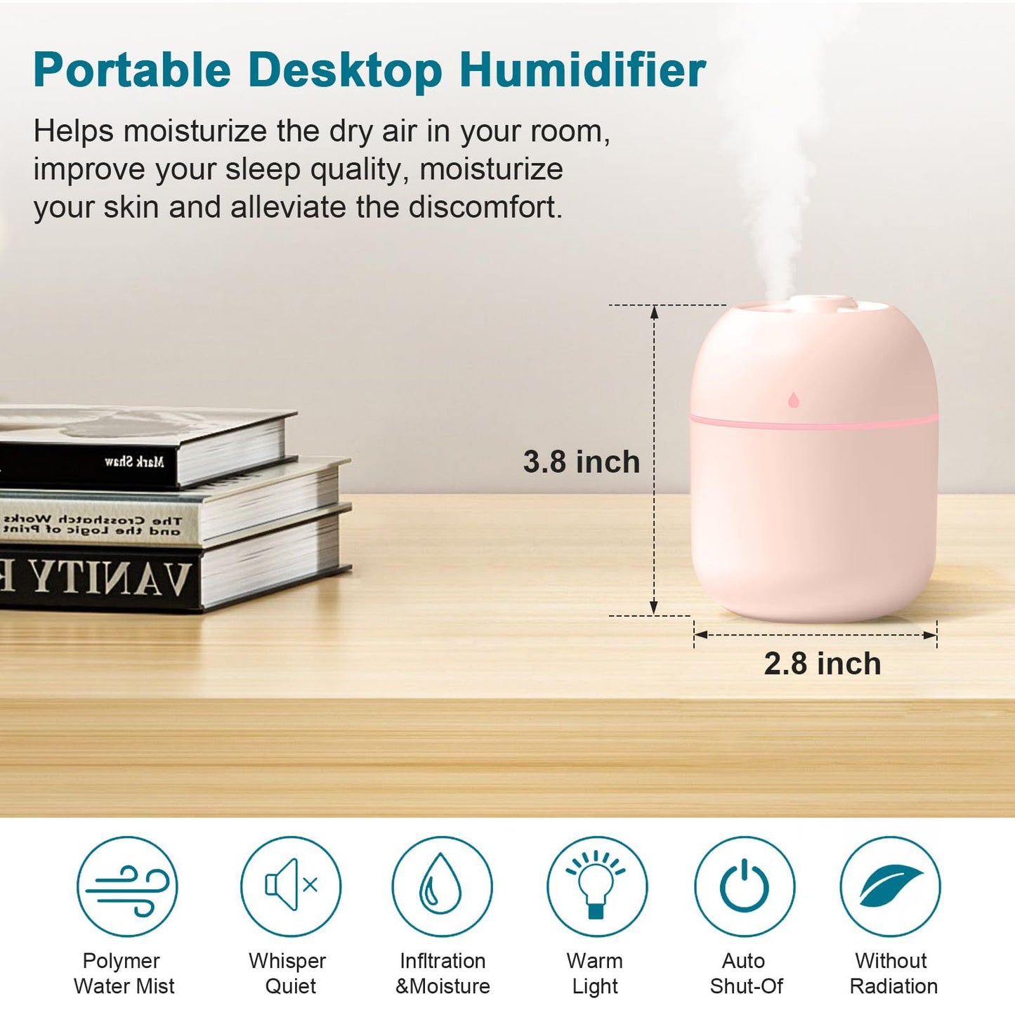 US Local Portable Mini Humidifier 220ml Small Cool Mist Humidifier USB Personal Desktop Humidifier For Bedroom Travel Office Home