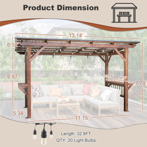 US Local 13' X 6.5' Wooden Pergola Grill Gazebo With Metal Roof & Bulbs & Bar Counters