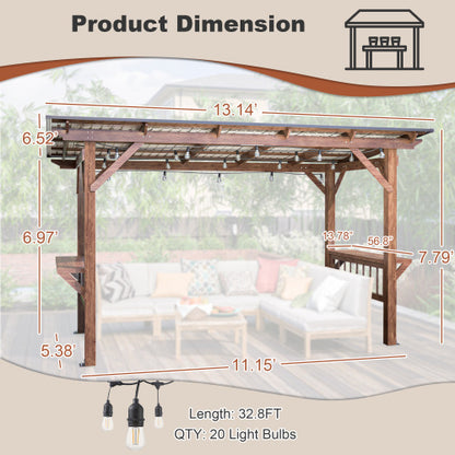 US Local 13' X 6.5' Wooden Pergola Grill Gazebo With Metal Roof & Bulbs & Bar Counters
