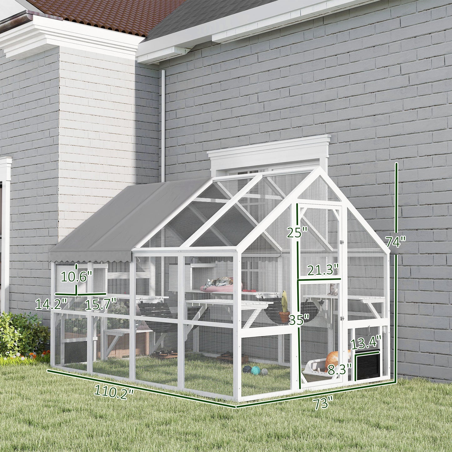 US Local Wooden Catio Outdoor Cat Enclosure With Waterproof Cover, 2 Condos, 6 Platforms, Bridge, Doors, White