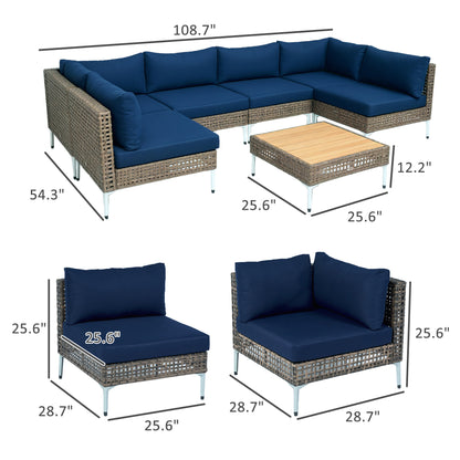 US Local 7 Piece Wicker Patio Furniture Set, Modular Outdoor Sectional With Thickened Cushions, Acacia Wood Table, Brown Blue