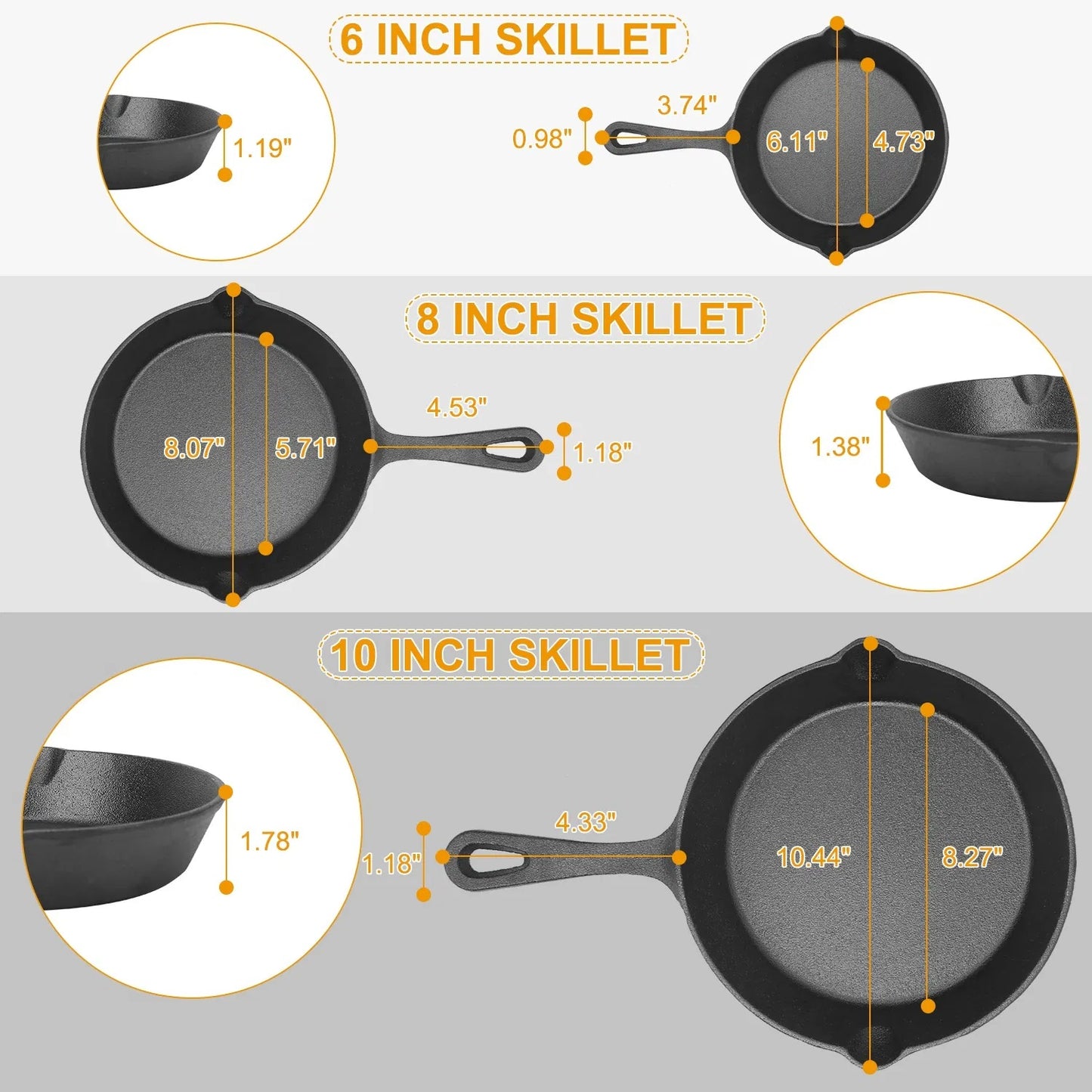 US Local 3Pcs Pre-Seasoned Cast Iron Skillet Set 6 8 10in Non-Stick Oven Safe Cookware Heat-Resistant Frying Pan