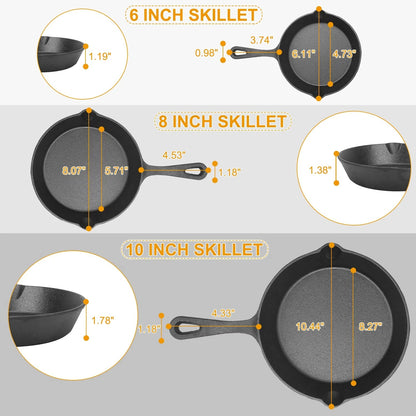 US Local 3Pcs Pre-Seasoned Cast Iron Skillet Set 6 8 10in Non-Stick Oven Safe Cookware Heat-Resistant Frying Pan