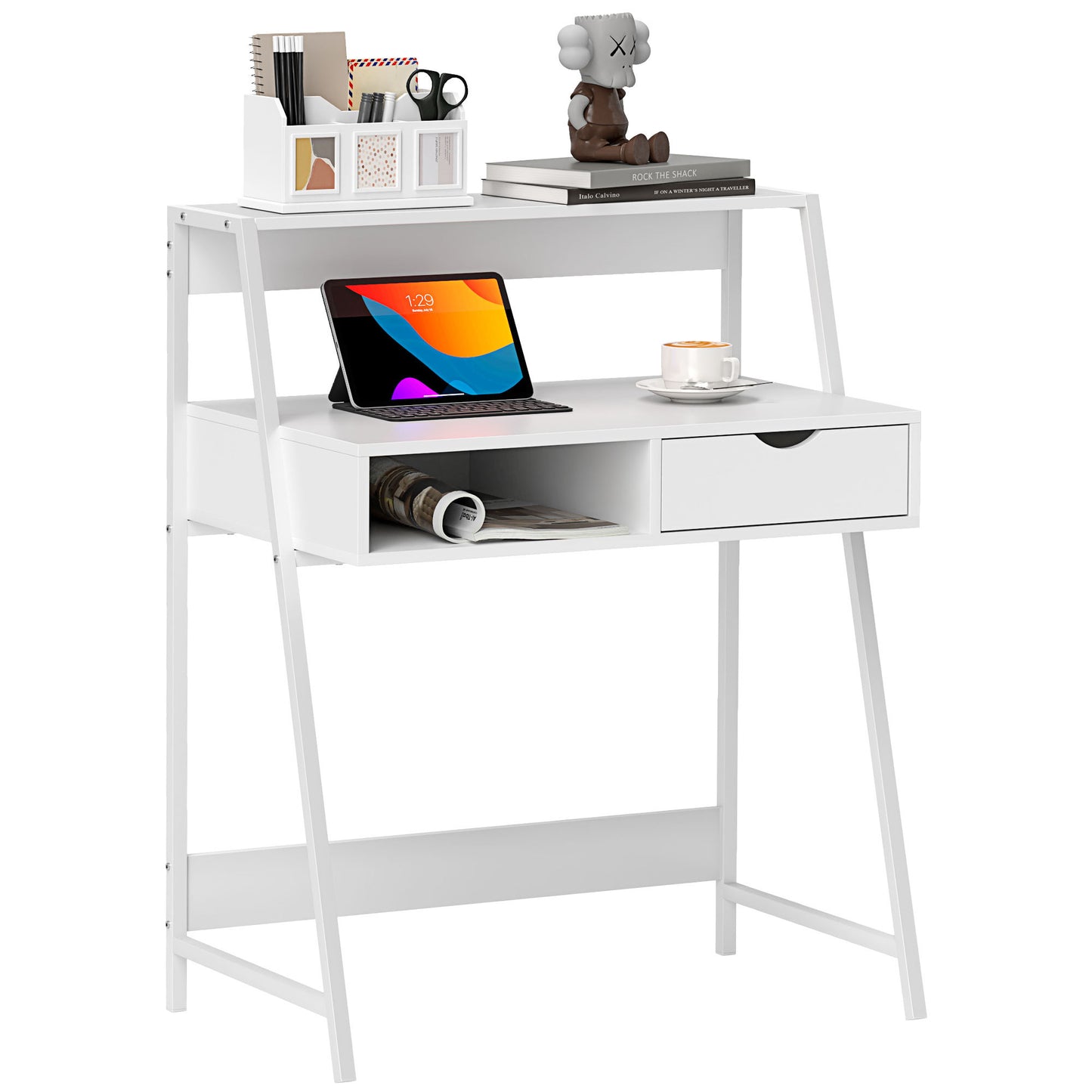 US Local Home Office Desk, Computer Desk For Small Spaces, Study Table With Drawer And Storage Shelves, White