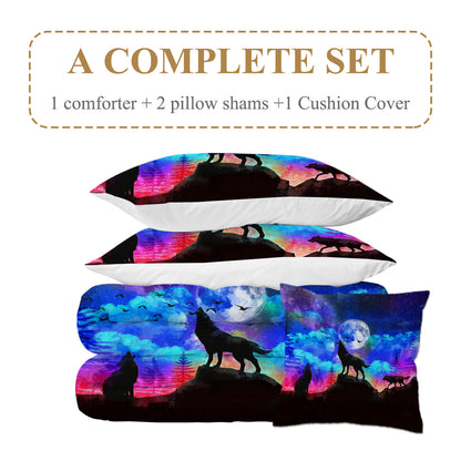 US Local Galaxy Comforter Set Men 3D Wolf Bed Comforter Set 4 Piece Wolves Howling Bedding For Boys Retro Oil Painting Design Purple Blue And Black Bedding Set Queen King Size