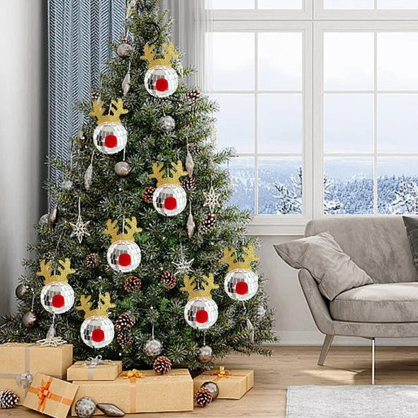 US Local 5PCS Disco Mirror Elk Horn Christmas Ball Silvery Xmas Tree Decoration Reflective Hanging Disco Balls Decor For Christmas Holiday Wedding Birthday Disco Party Ornament Supplies