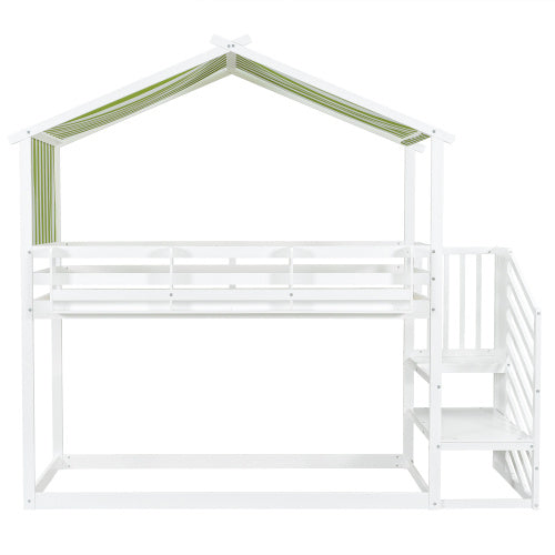 UK Local Bunk Bed, Teen Bed, Children's Bed, 3ft 90x190cm, MDF  Pinewood  Plywood, Decorative Canopy, Corner Staircase, With A Small Picture Bookshelf, White  Green