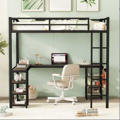 US Local Full Metal Loft Bed With Desk And Shelves, Loft Bed With Ladder And Guardrails, Loft Bed Frame For Bedroom