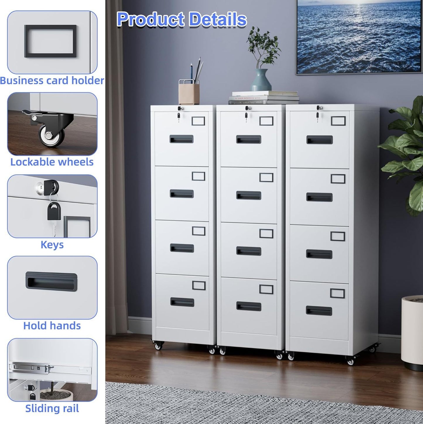 US Local METAN 4 Drawer Vertical File Cabinet On Wheels, Lockable Office Files Storage Cabinet With Handle And Name Card,Mobile Storage Cabinet For Office And Home,Assembly Required,White