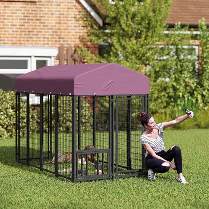 US Local Welded Wire Outdoor Dog Kennel With 360 Rotating & 4 Levels Adjustable Bowls, Waterproof Cover, 7.9 X 4 X 6